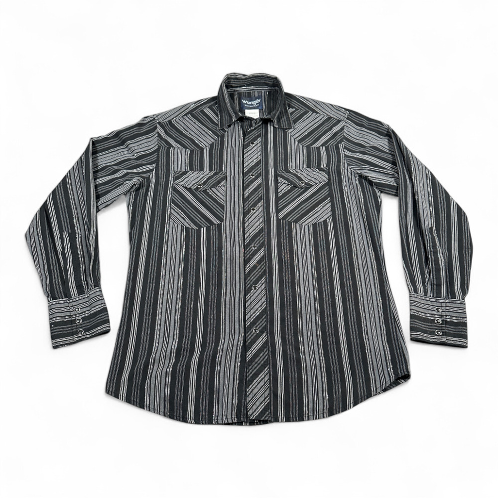 Wrangler Western Shirt Adult MEDIUM Black Gray Silver Striped Pearl Snap Cowboy